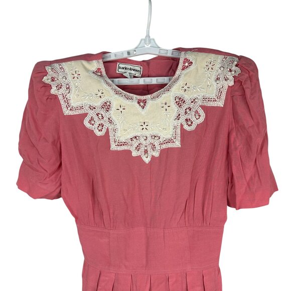 Karin Stevens Vintage Pink Dress Lace Collar Pleated Skirt Short Sleeve Size 12 - Picture 4 of 13
